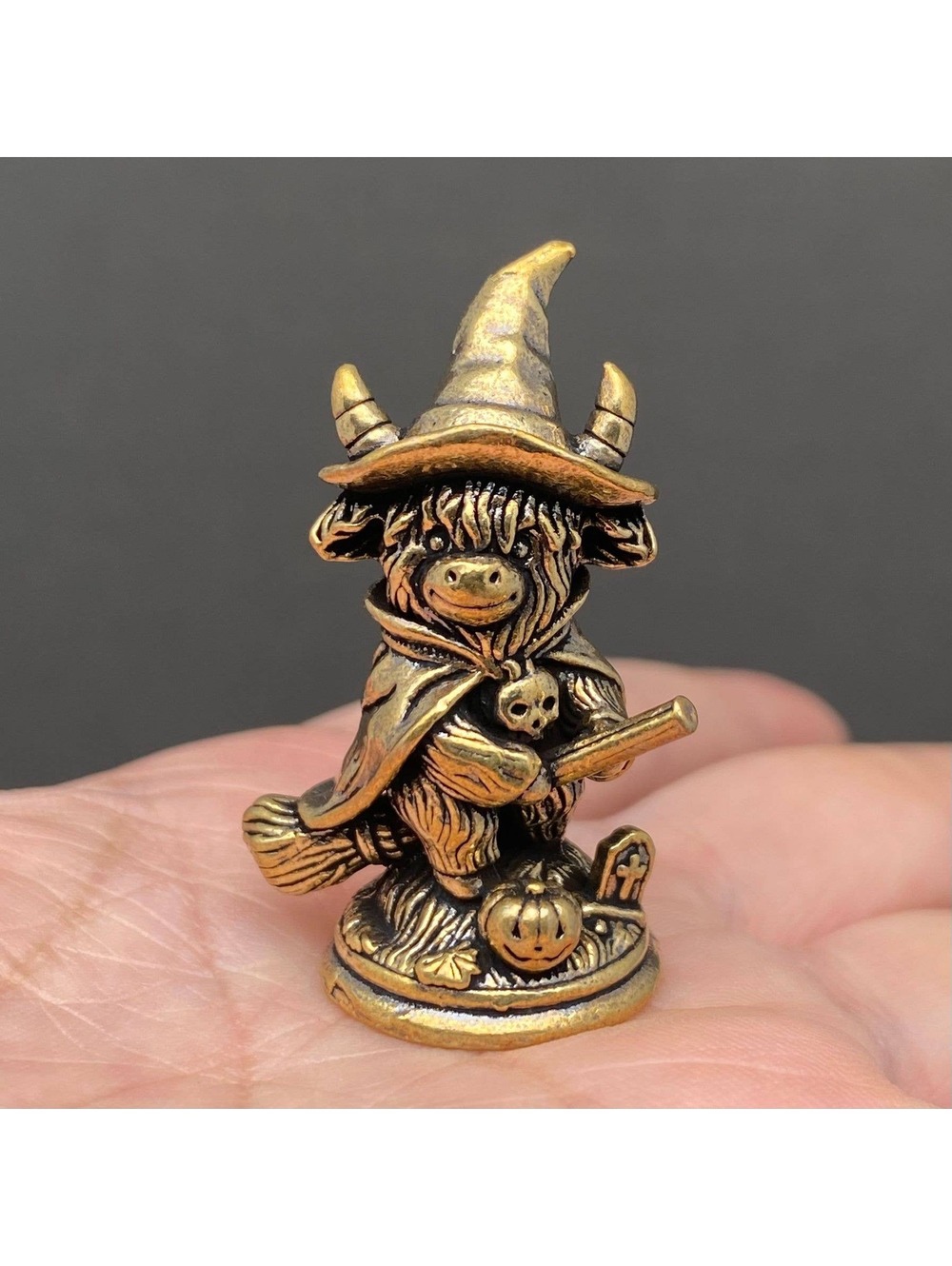 Brass Miniature Highland Cow Witch with Halloween Theme